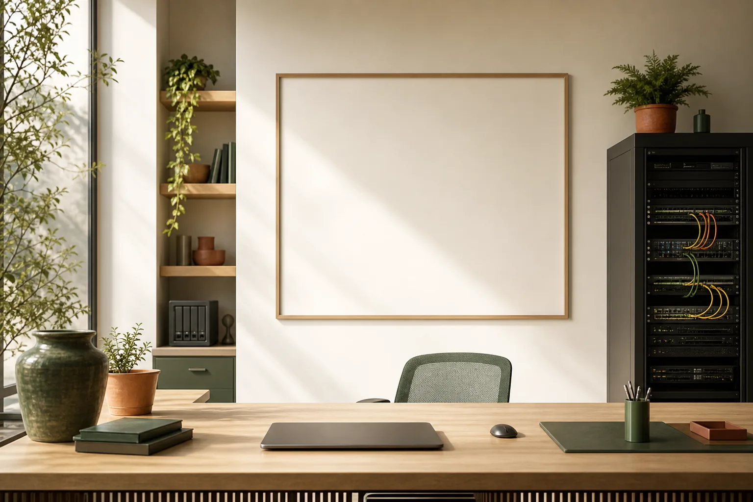 Espacio de trabajo contemporáneo con equipos informáticos y luz natural